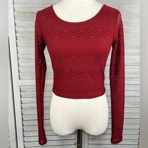 FOREVER 21 Cropped Mesh Long Sleeve Tee Burgundy-Small